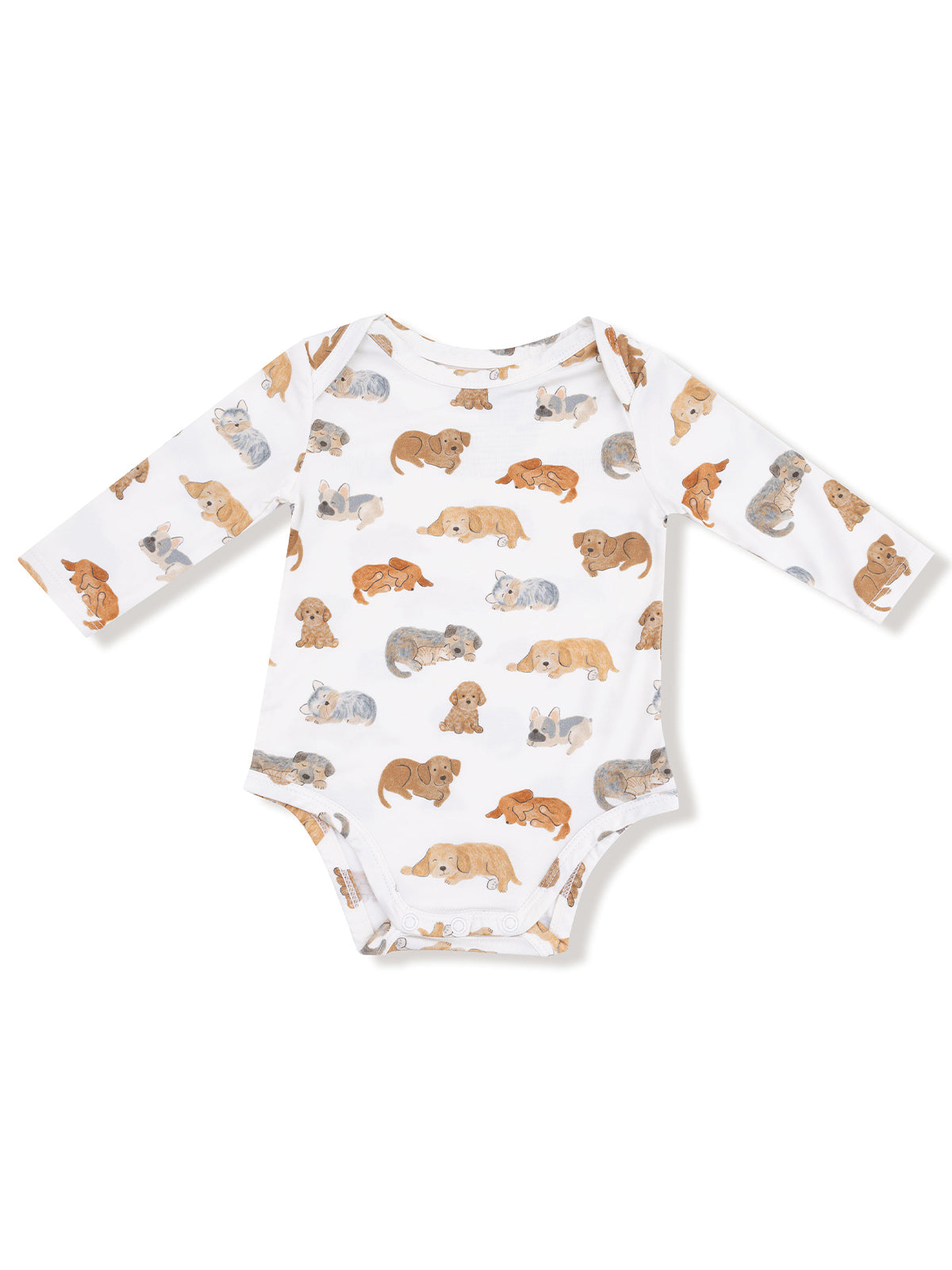 Long-sleeve baby bodysuit with a pattern of various illustrated dogs on a white background.