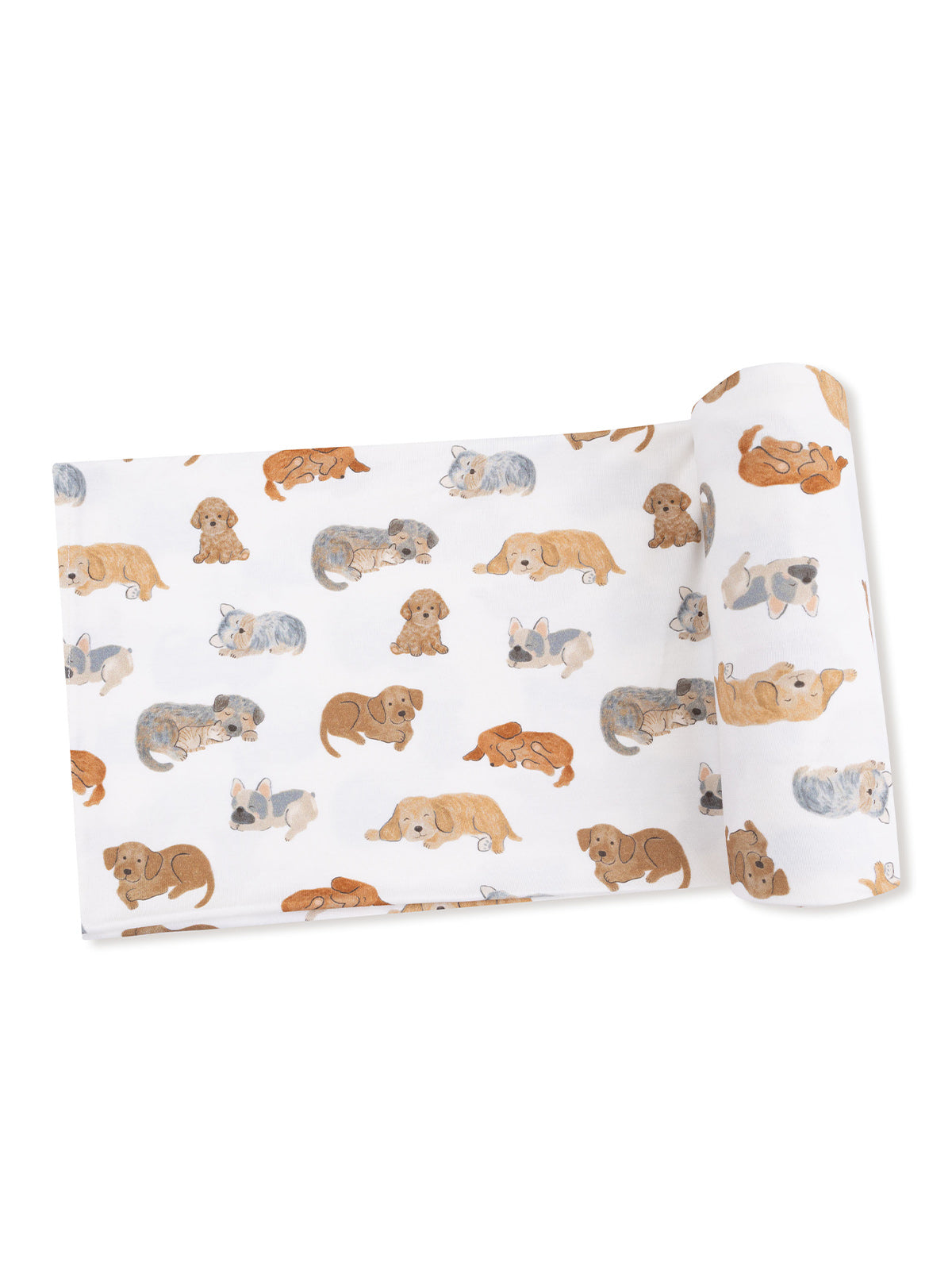 White fabric featuring a playful pattern of illustrated, sleeping and playful puppies in various colors.