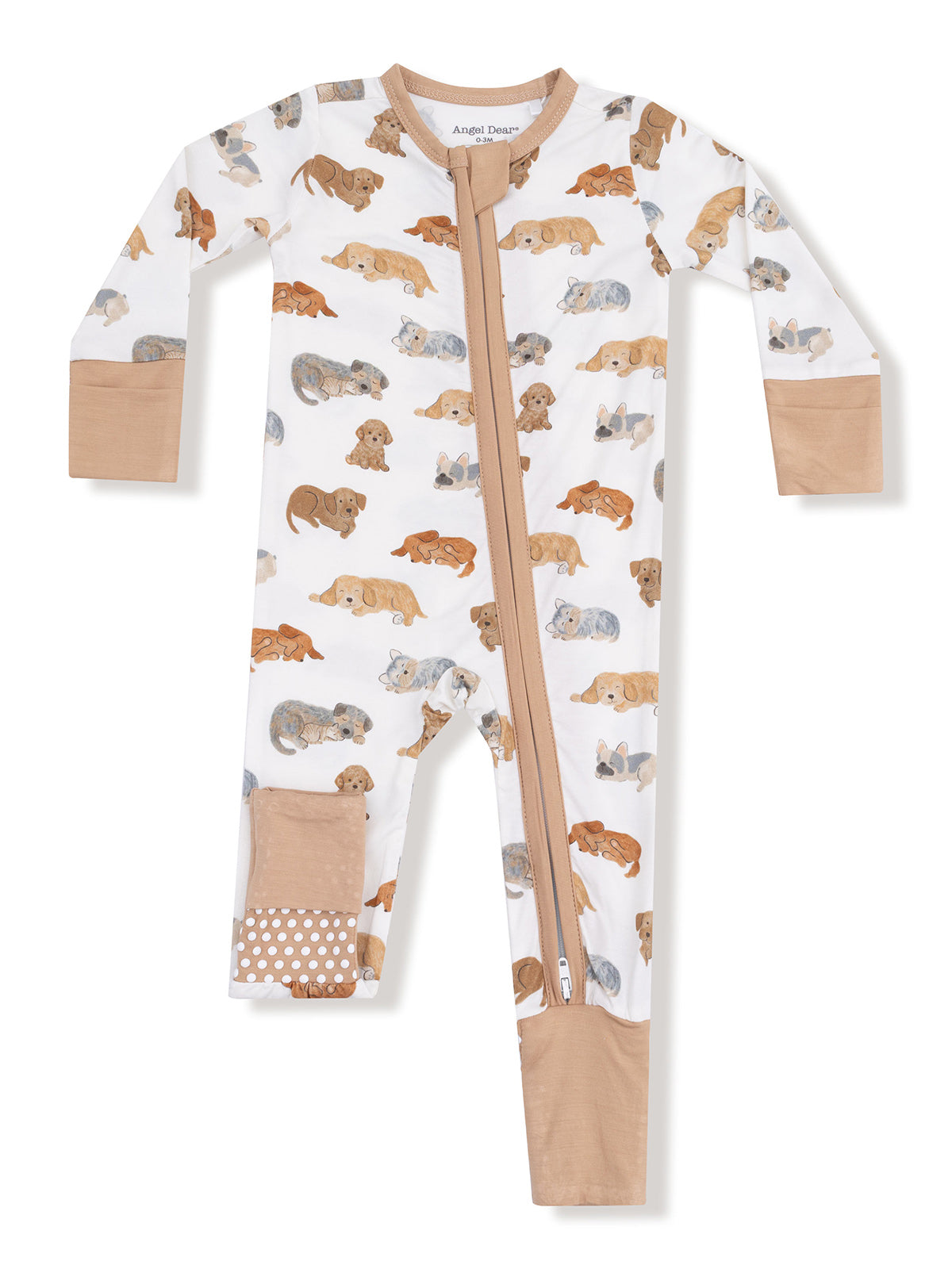 Children's pajamas featuring various playful dog designs on a white background with a zipper closure.