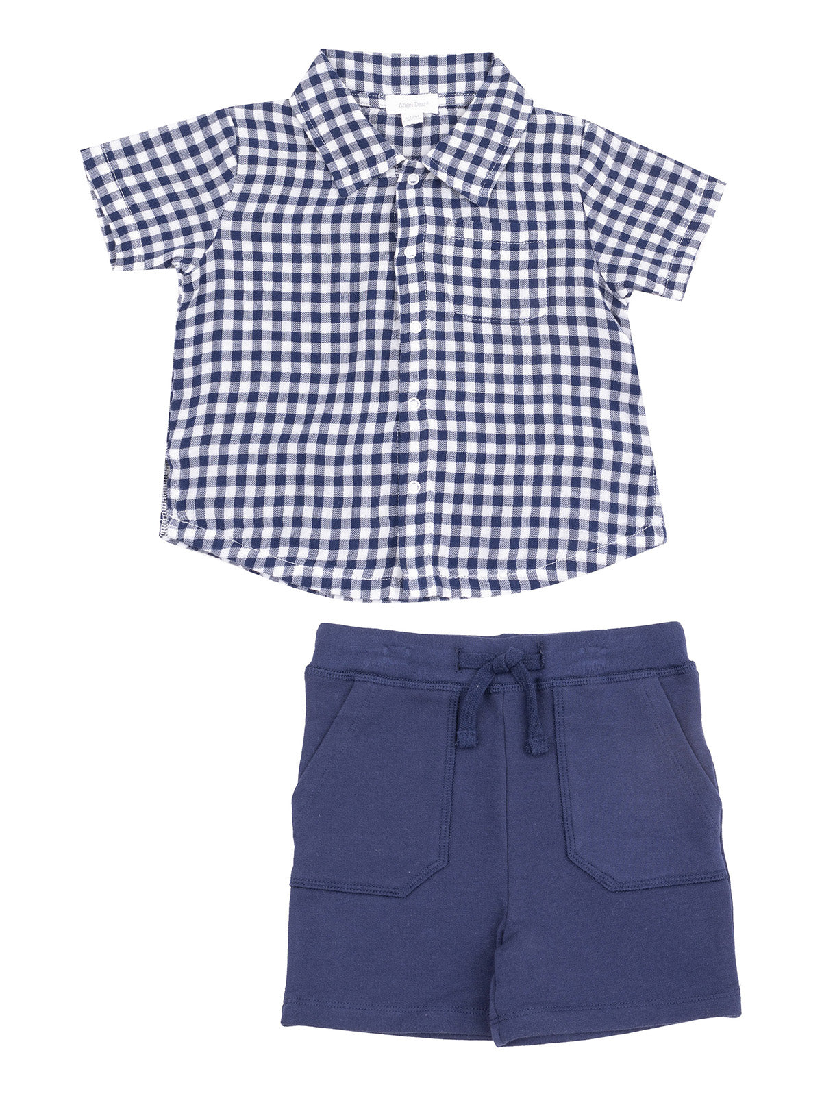 Navy checkered short-sleeve shirt with front pocket paired with navy shorts. Ideal for casual kids' wear.