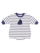 Striped baby onesie featuring a sailboat design on the front. Perfect for nautical-themed outfits.