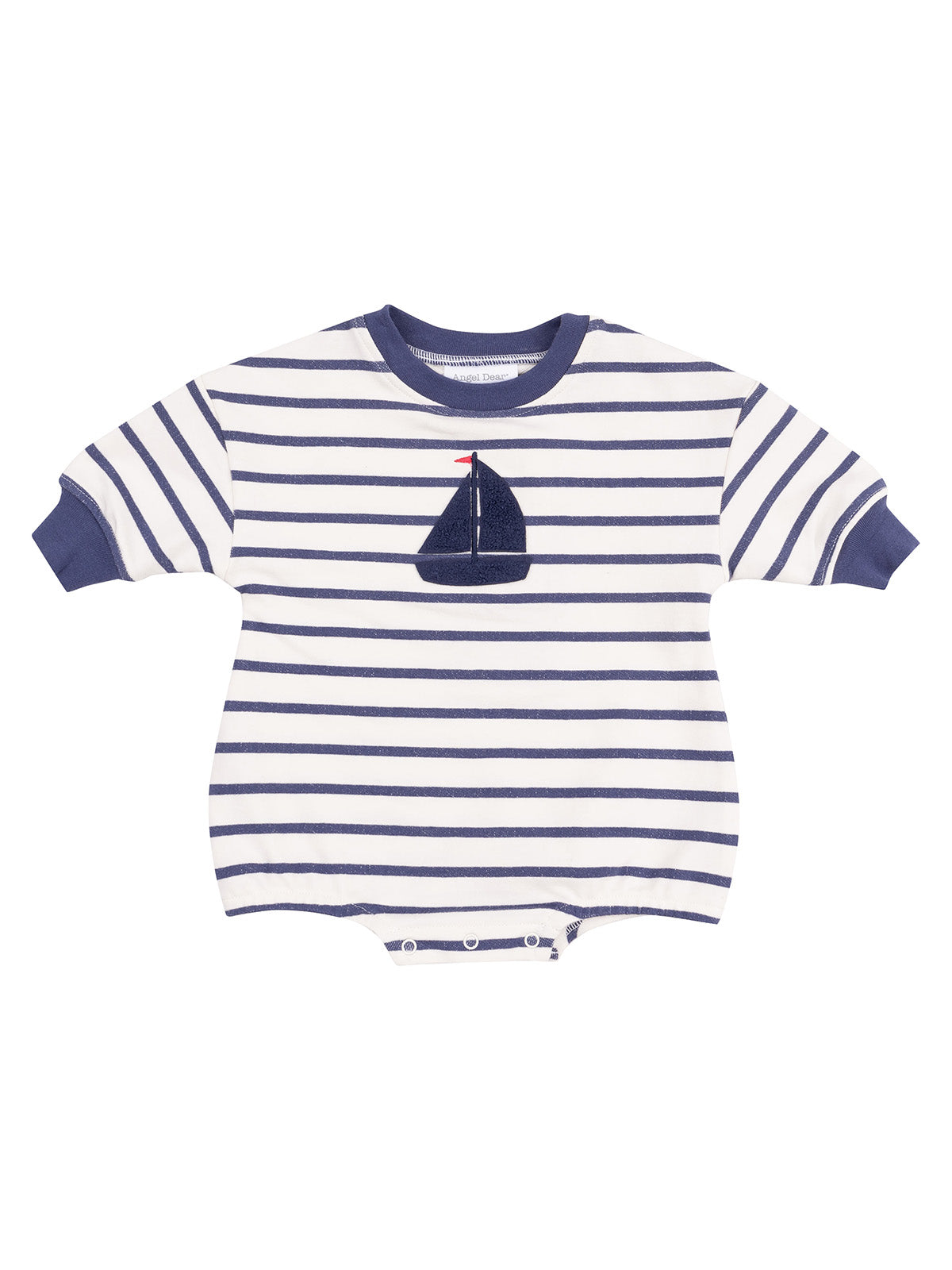 Striped baby onesie featuring a sailboat design on the front. Perfect for nautical-themed outfits.