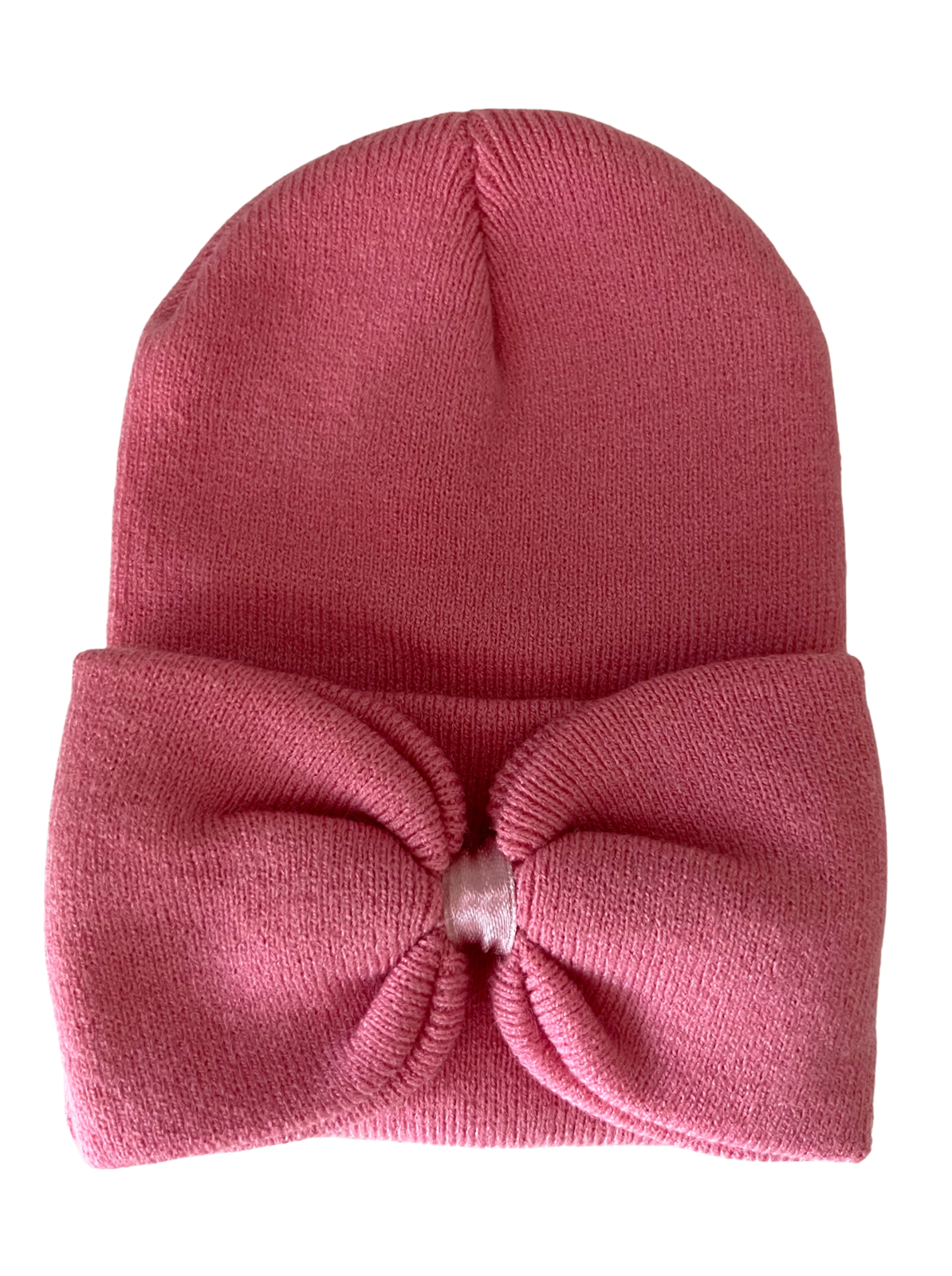 Pink knit beanie featuring a large bow accent on the front.