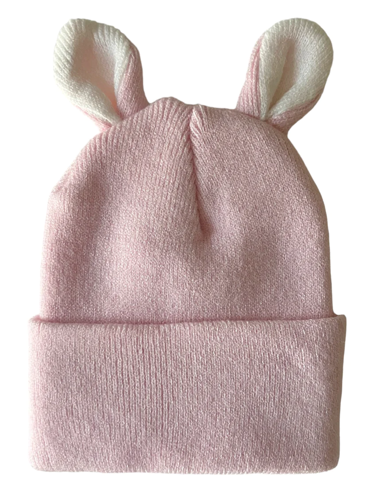 Pink knit hat with white bunny ears, perfect for keeping warm and adding a playful touch to any outfit.