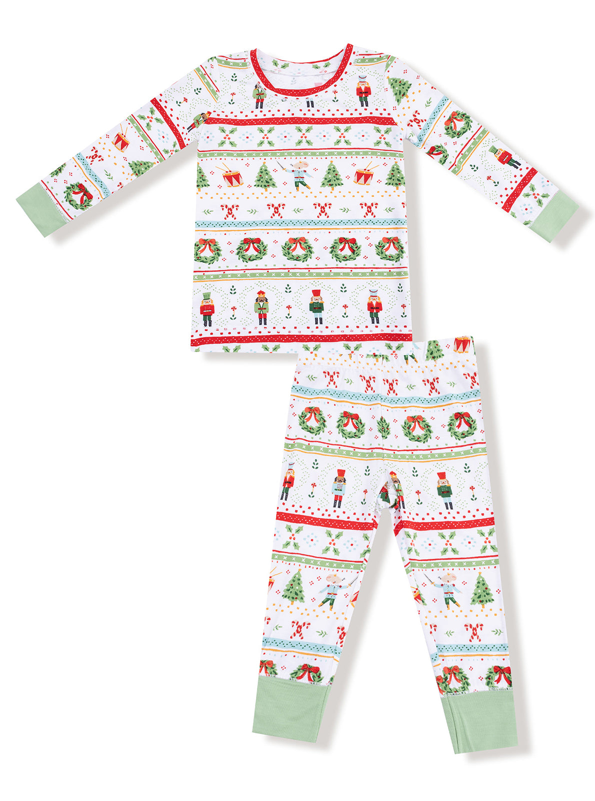 Colorful holiday-themed pajamas featuring festive prints of nutcrackers, Christmas trees, and wreaths.
