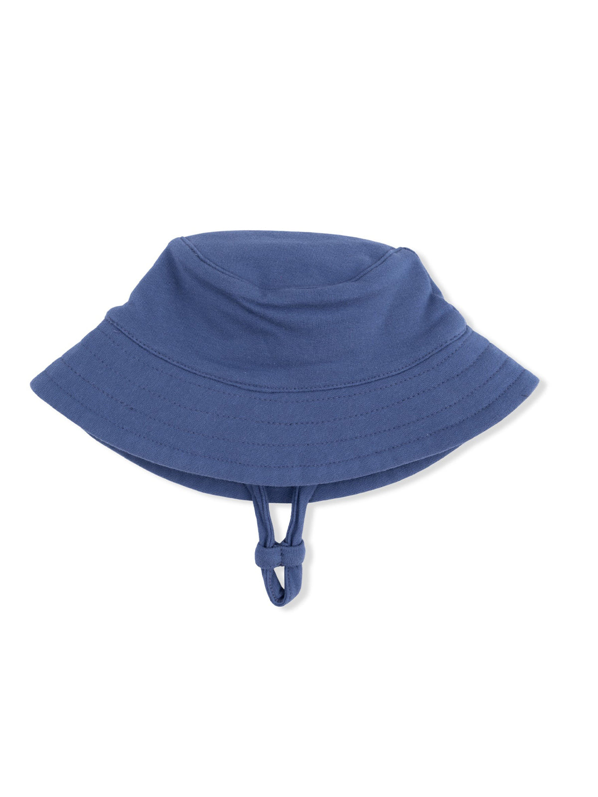 Blue cotton bucket hat with a chin strap, designed for sun protection and casual wear.