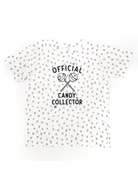 White t-shirt with gray polka dots and the text "Official Candy Collector" featuring lollipops.