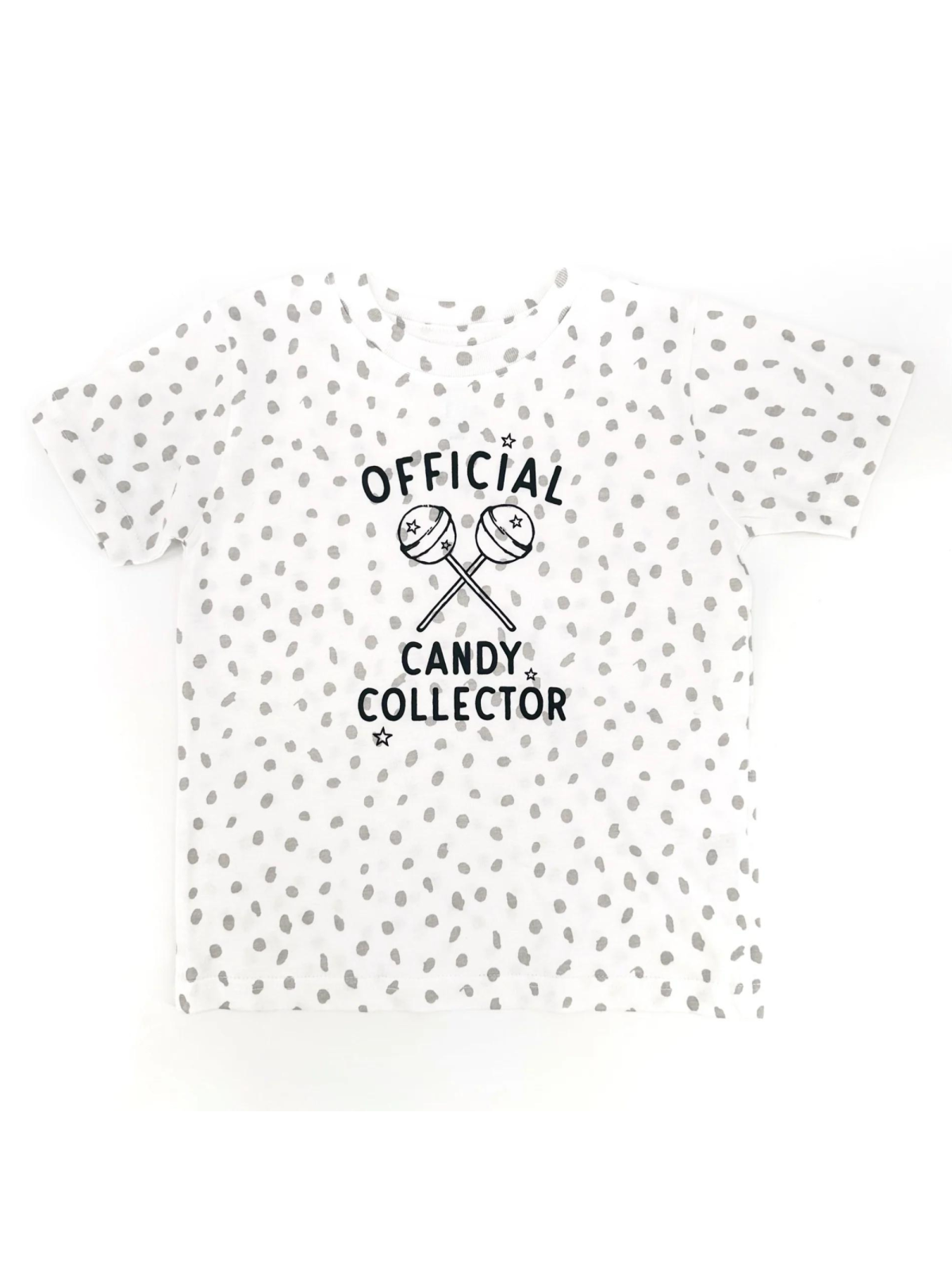 White t-shirt with gray polka dots and the text "Official Candy Collector" featuring lollipops.