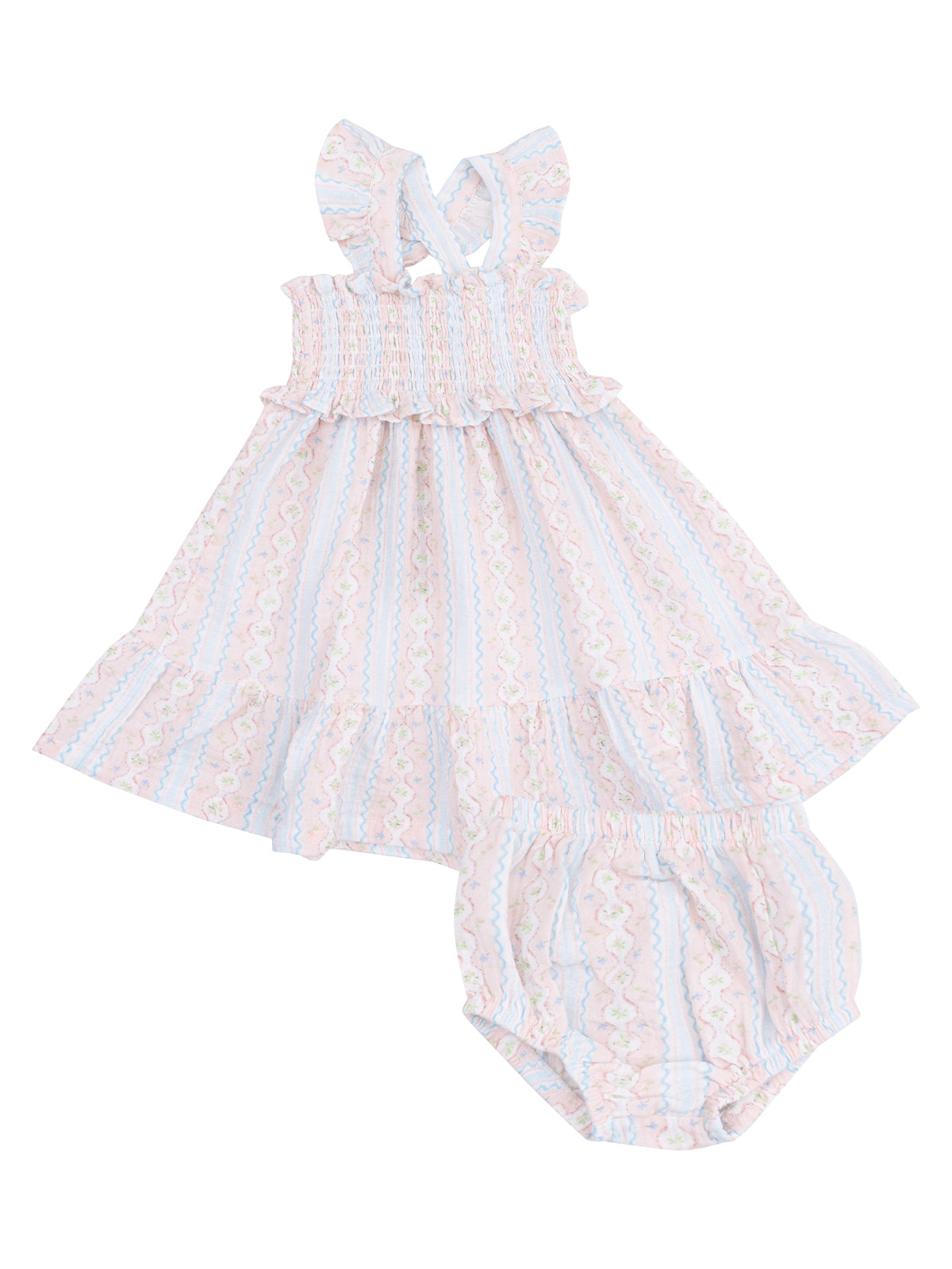 Light pink and blue patterned girls' sundress with ruffled straps and matching bloomers.