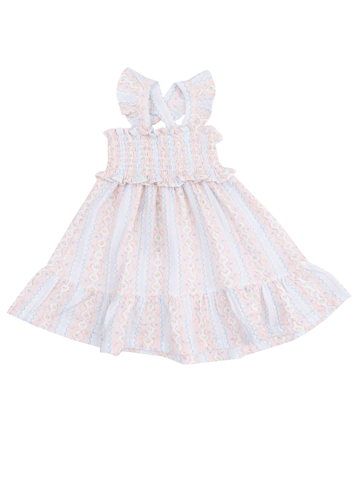 Pink and blue striped dress with ruffled straps and a flared skirt. Perfect for warm weather outings.