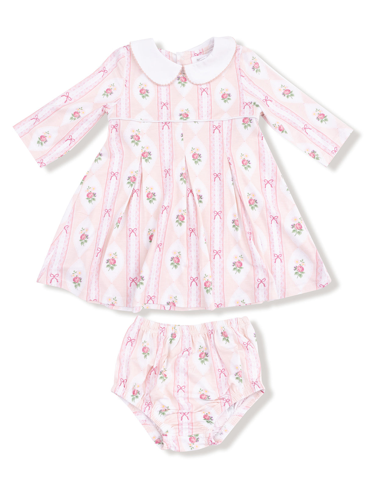 Pink floral dress with white collar and matching bloomers, perfect for little girls' special occasions.