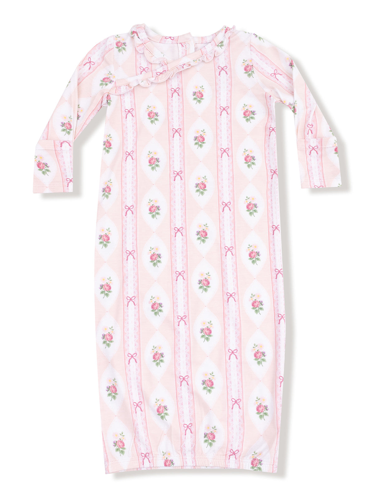 Pink floral nightgown with long sleeves, featuring a ruffled collar and decorative bows.
