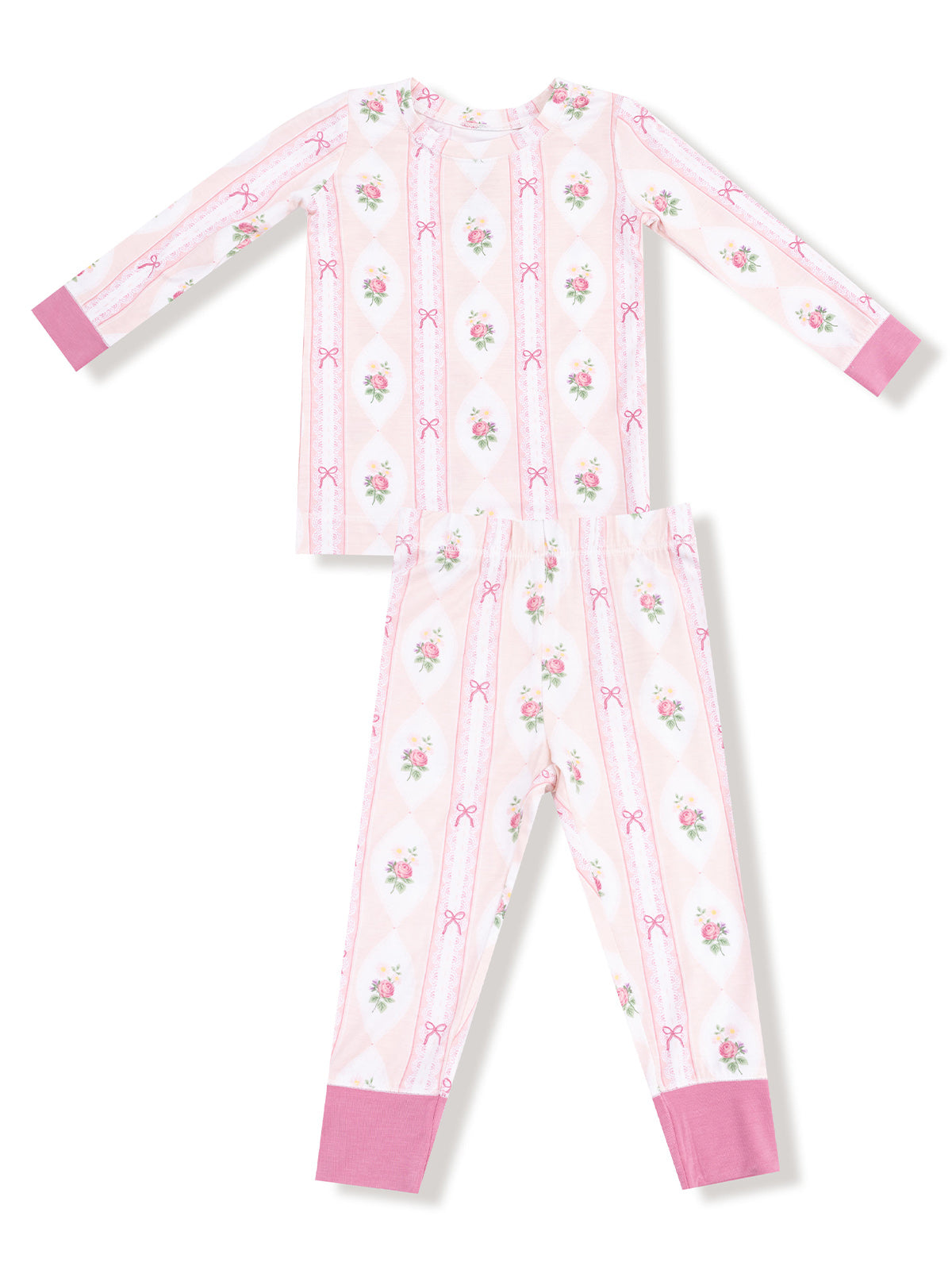 Pink floral pajama set with long sleeves and matching pants, featuring bows and a cozy design.