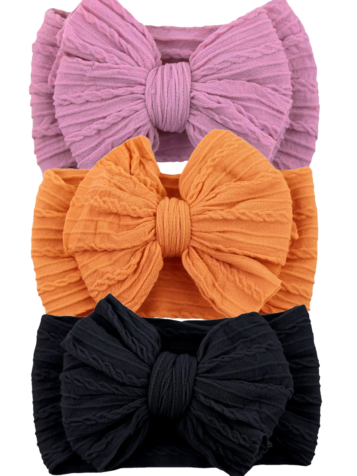 Three textured headbands in lavender, orange, and black, featuring large bows and soft fabric.