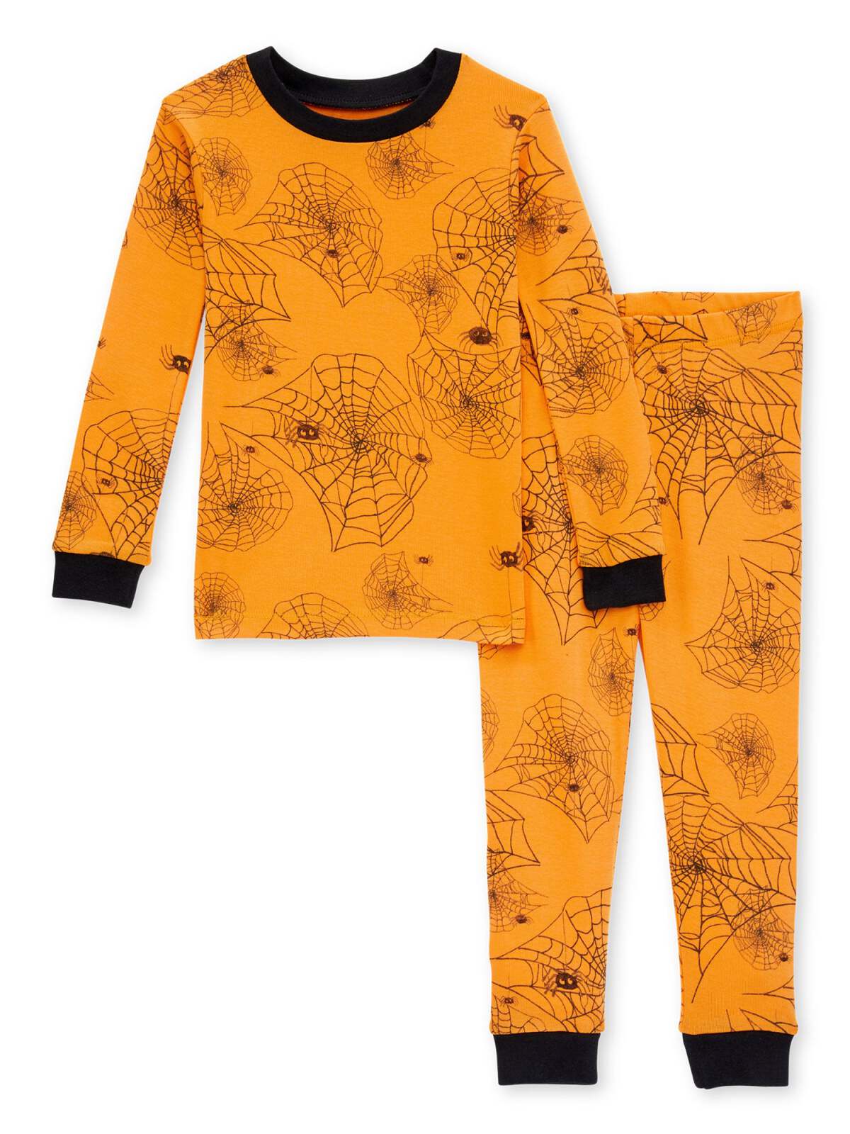 Orange kids' pajamas with black spider web and spider patterns, featuring long sleeves and matching pants.