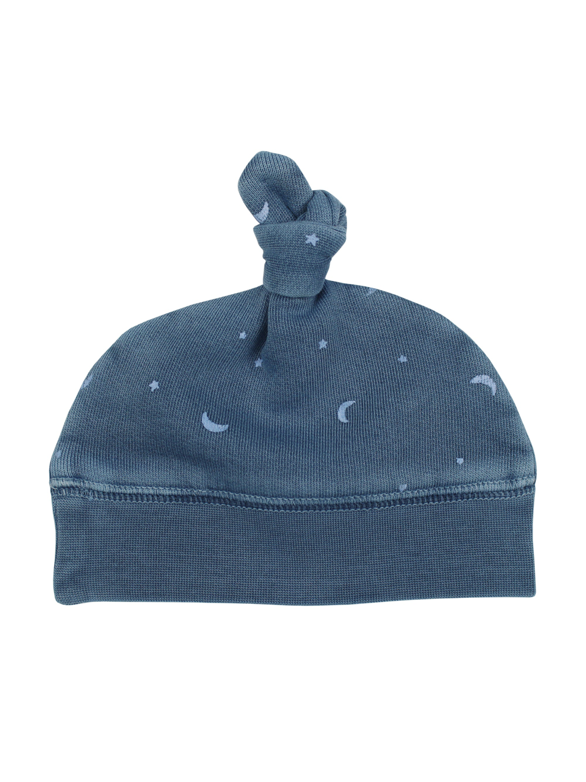 Blue knotted baby hat with moon and star patterns, soft fabric suitable for infants.