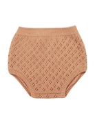 Knitted peach baby bloomers with a textured pattern and ribbed waistband.