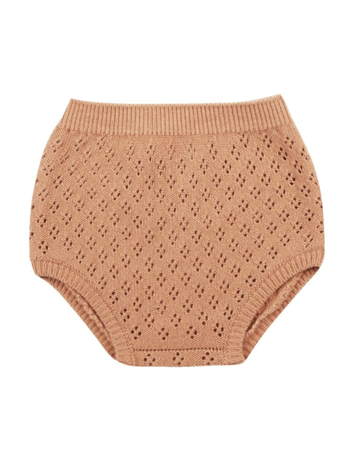 Knitted peach baby bloomers with a textured pattern and ribbed waistband.
