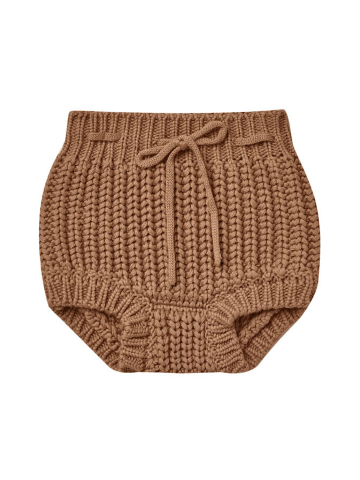Knitted baby shorts in a warm, neutral brown tone with a drawstring waist. Ideal for cozy outfits.