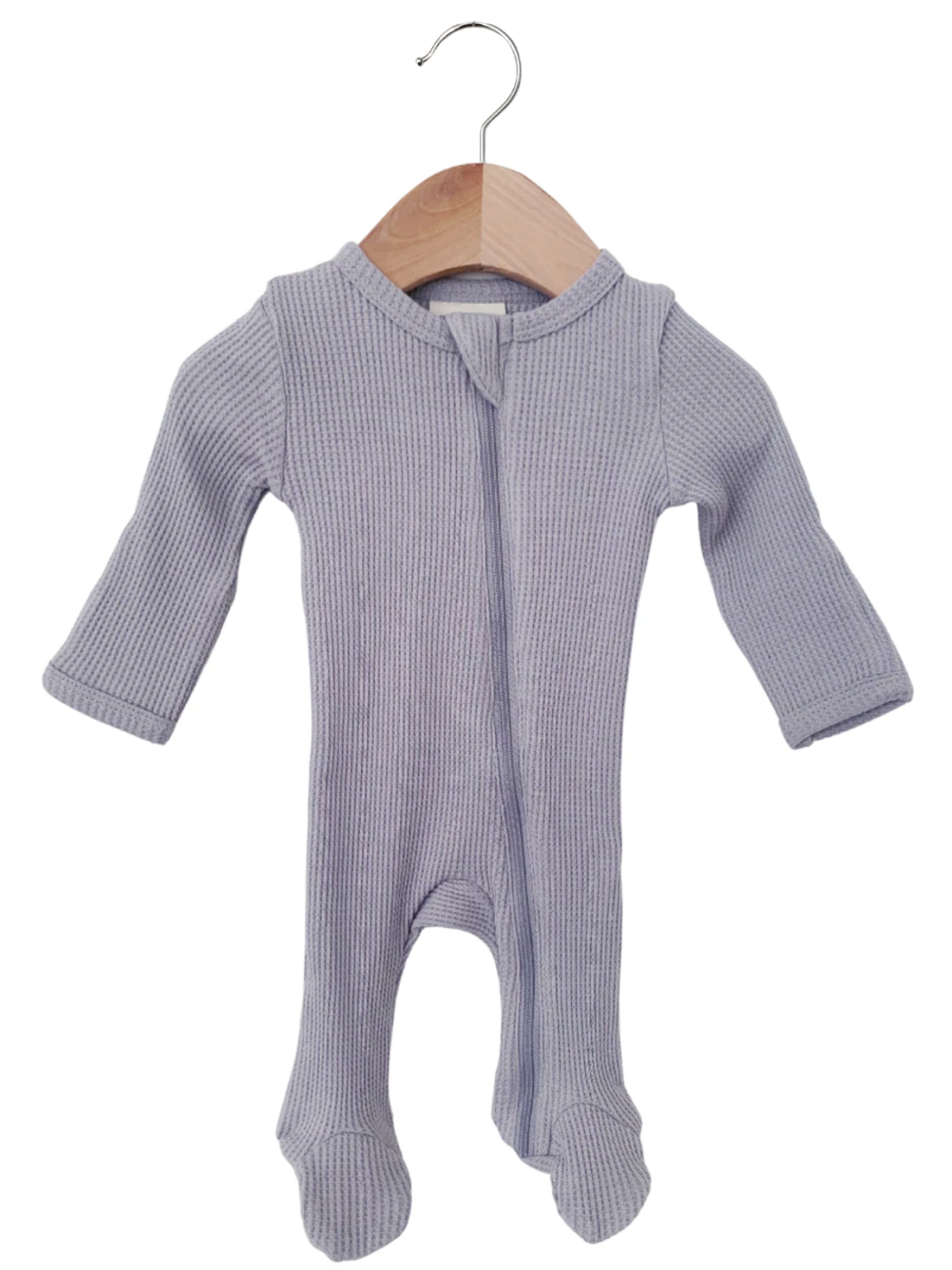 Light purple ribbed baby onesie hanging on a wooden hanger.