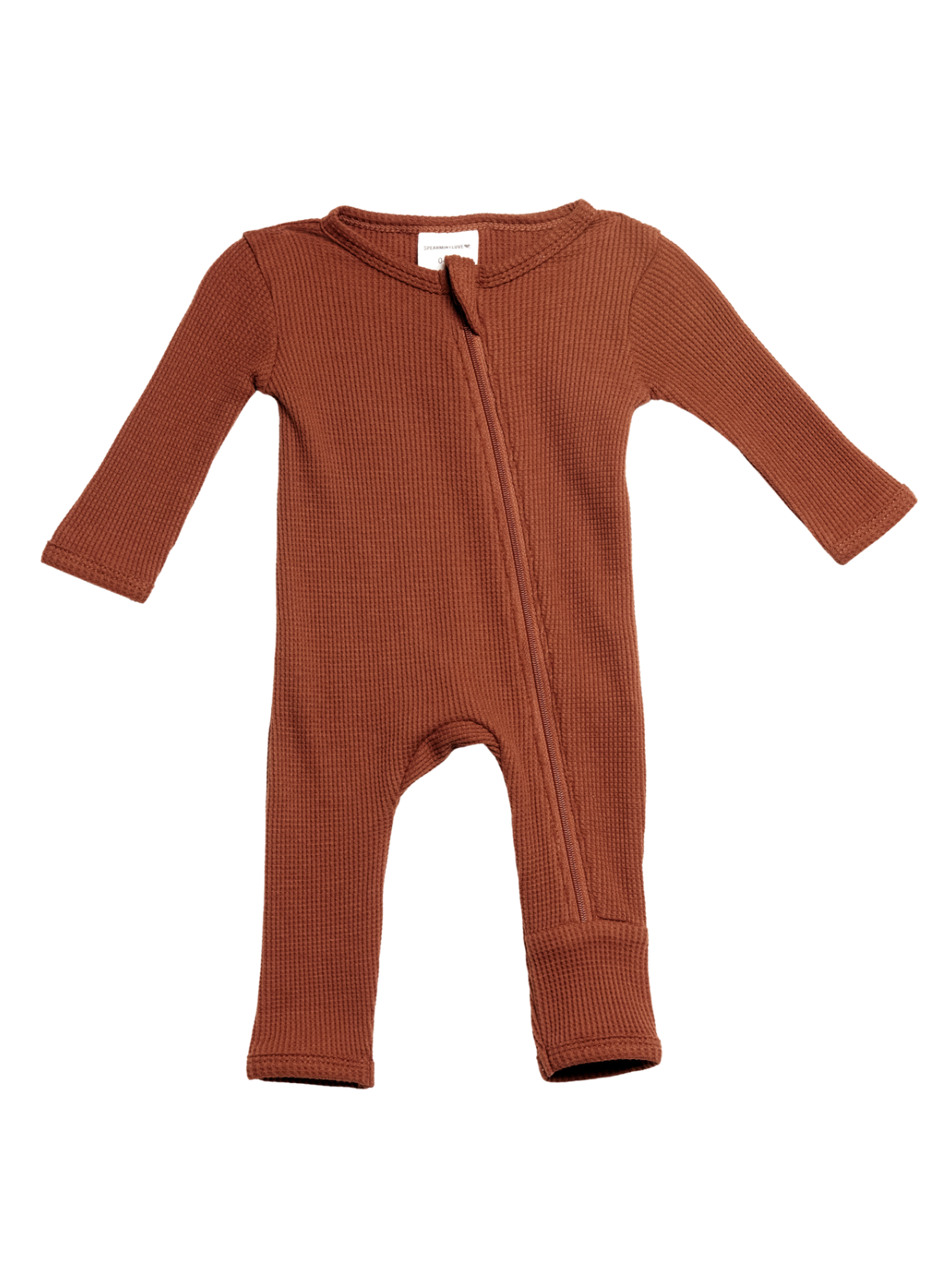 Brown ribbed baby onesie with a front zipper and long sleeves on a white background.