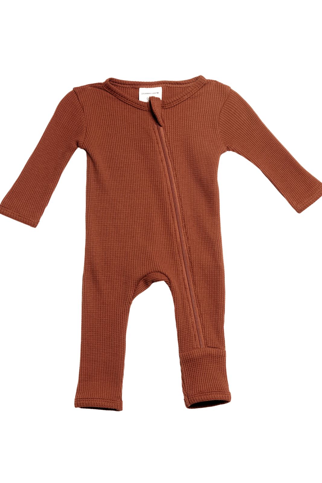 Brown ribbed baby onesie with a front zipper and long sleeves on a white background.