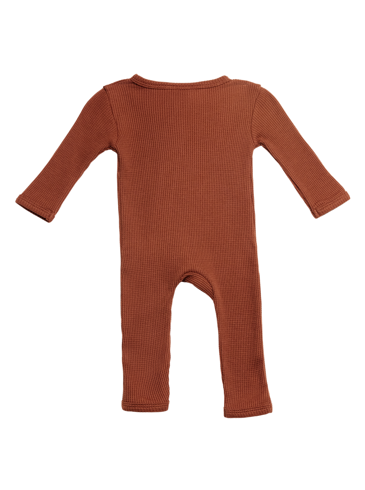Rust-colored infant onesie with long sleeves and a ribbed texture, viewed from the back.