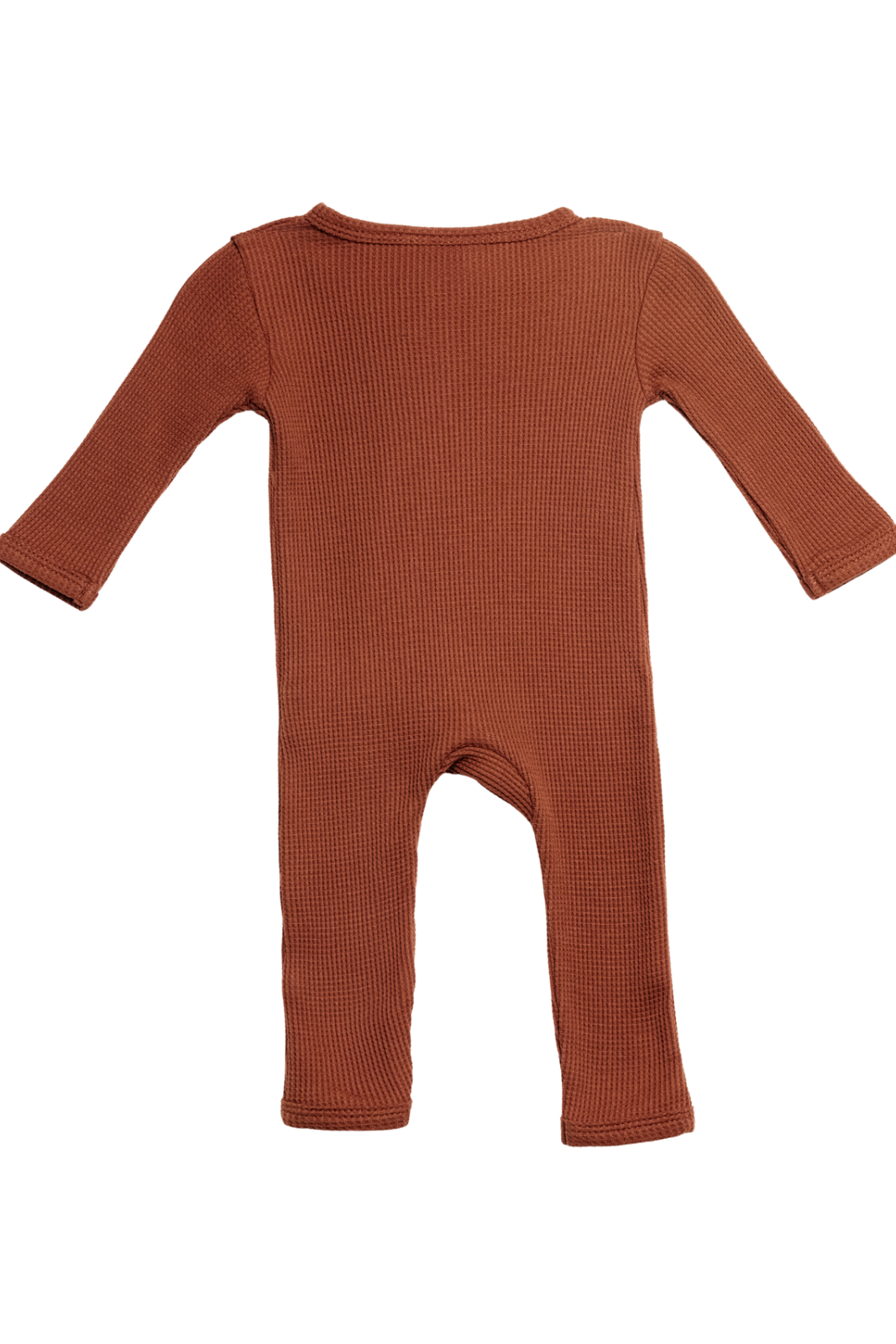 Rust-colored infant onesie with long sleeves and a ribbed texture, viewed from the back.