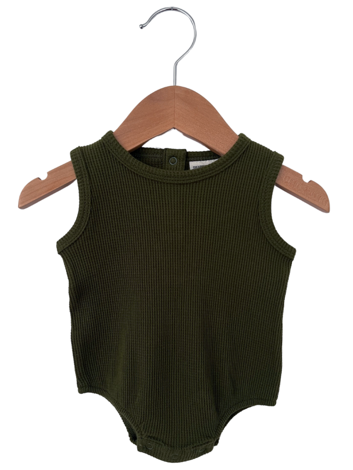 Olive green sleeveless bodysuit hanging on a wood hanger against a white background.