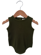 Olive green sleeveless bodysuit hanging on a wood hanger against a white background.