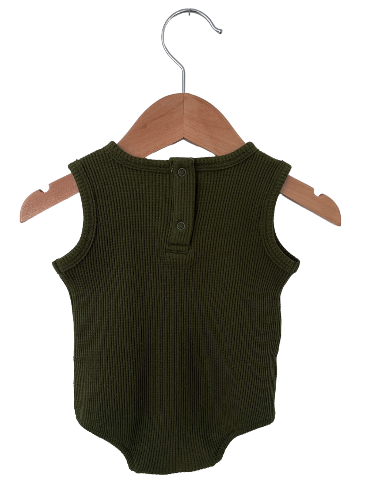 Olive green sleeveless baby bodysuit hanging on a wooden hanger, featuring a button closure at the back.