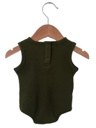 Olive green sleeveless baby bodysuit hanging on a wooden hanger, featuring a button closure at the back.