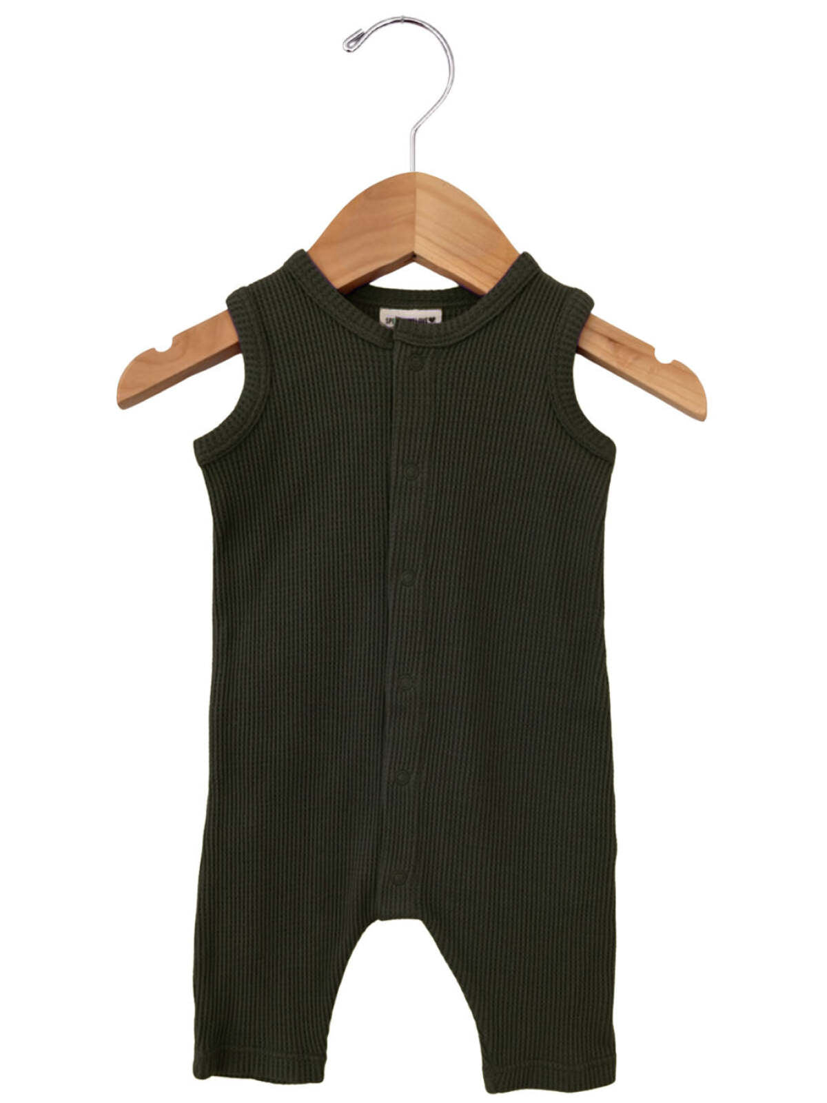 Olive green ribbed baby romper on a wooden hanger, featuring a button-front design and sleeveless style.