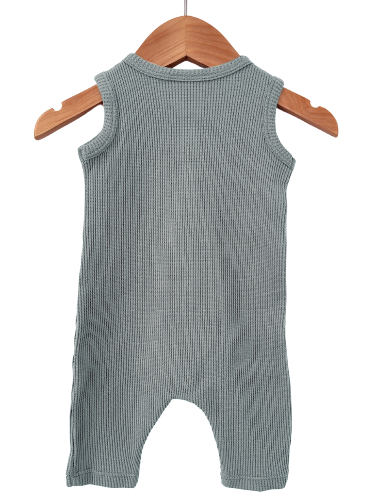 Light blue sleeveless baby romper hanging on a wooden hanger against a white background.