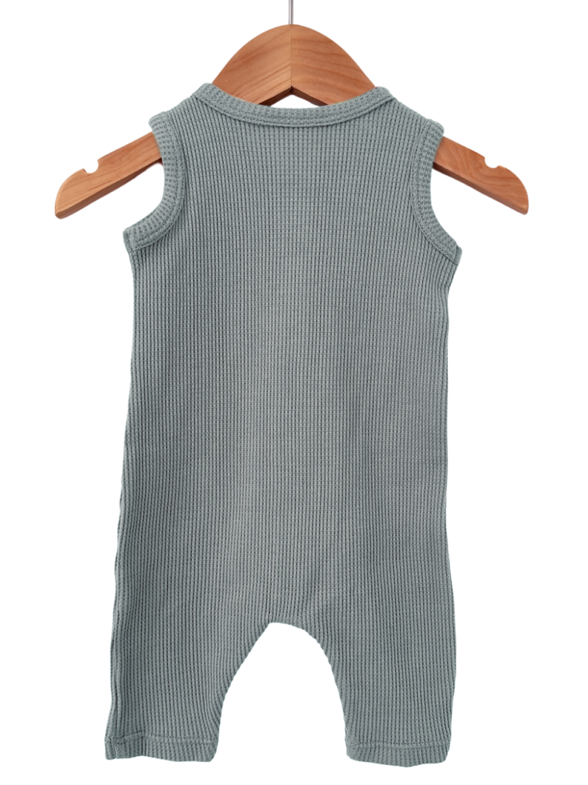 Light blue sleeveless baby romper hanging on a wooden hanger against a white background.