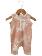 Peach tie-dye infant onesie hanging on a wooden hanger against a white background.