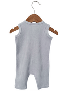 Light gray sleeveless onesie hanging on a wooden hanger against a white background.