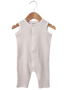 Light beige ribbed baby romper hanging on a wooden hanger against a white background.