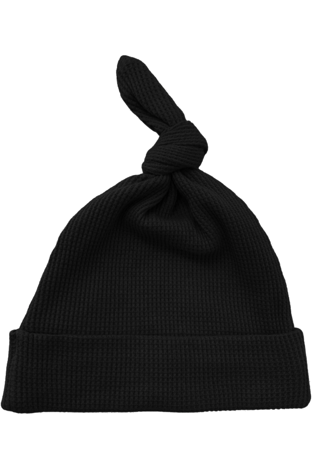 Black knit hat with a knot at the top, stylish accessory for cold weather.