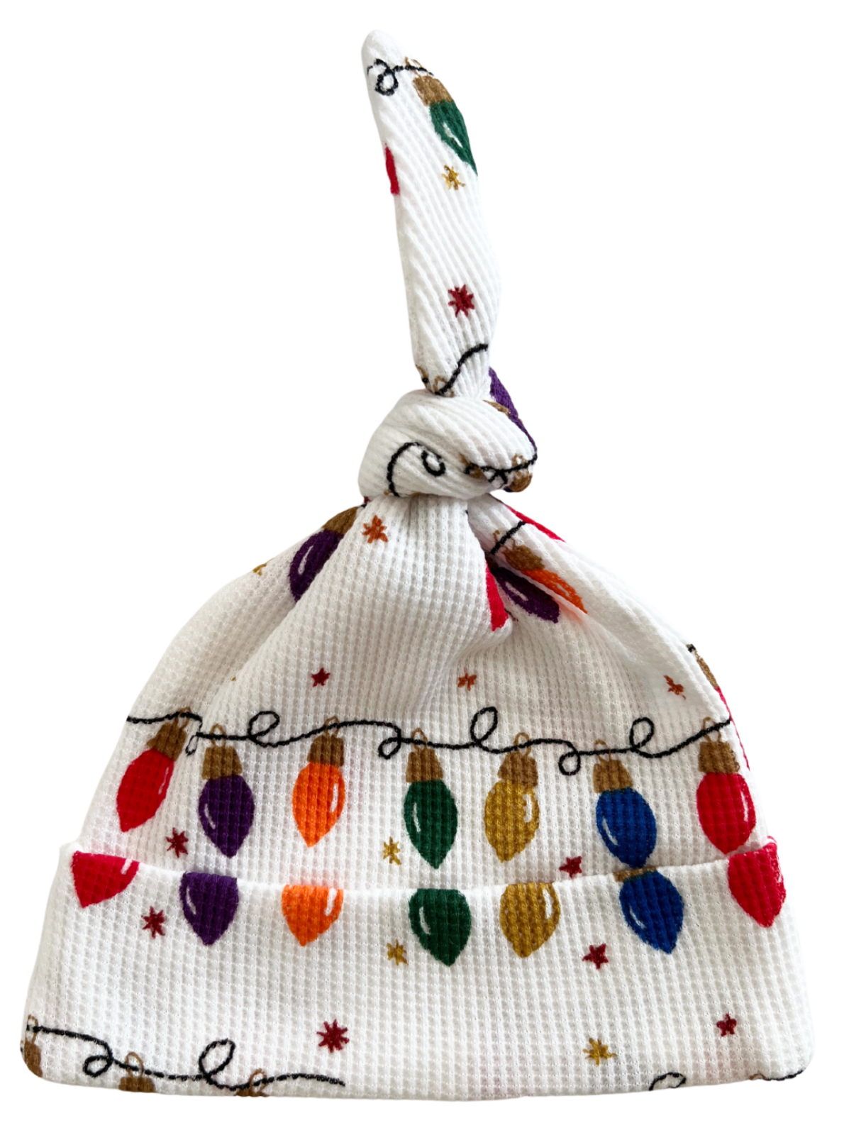 White knitted hat with colorful Christmas lights and a knotted top.