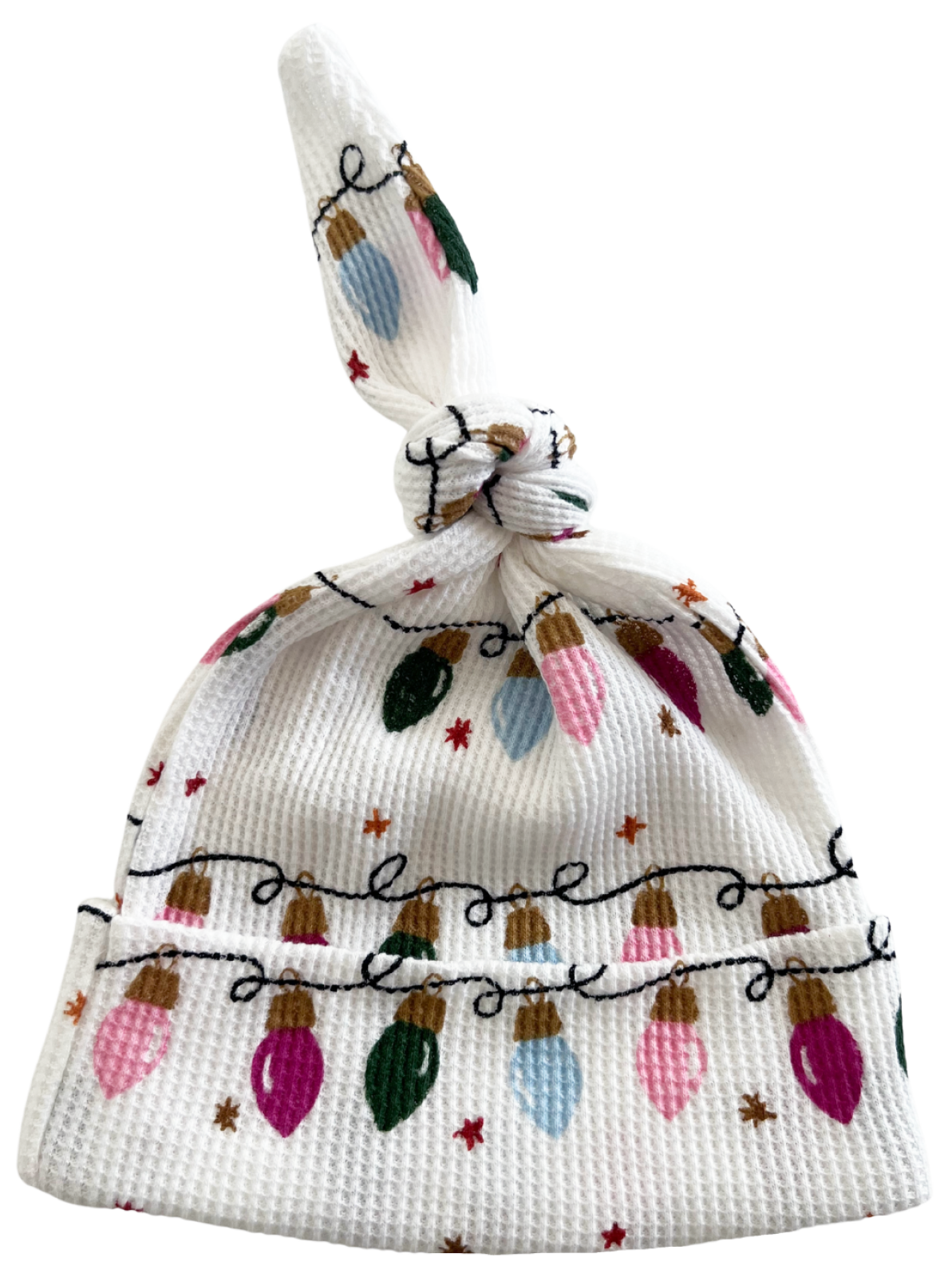 White baby hat with colorful Christmas lights design and a knot at the top.