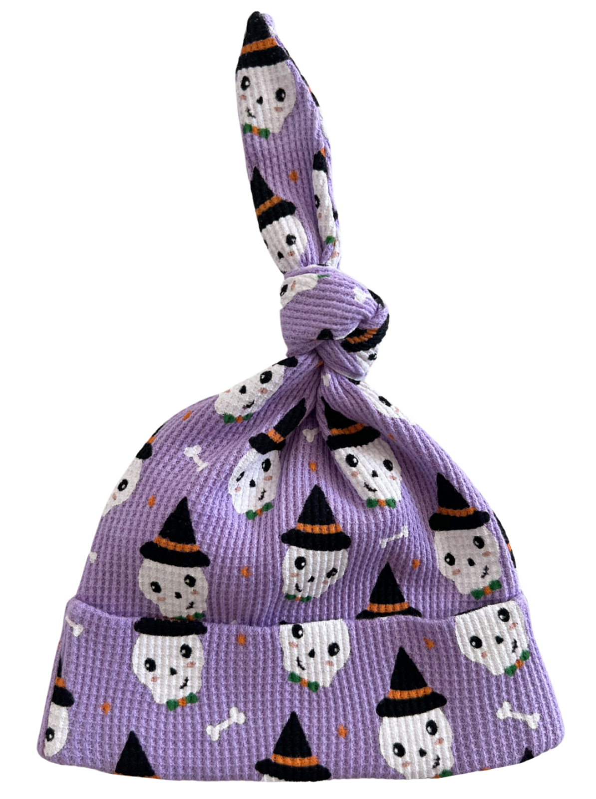 Purple hat with ghost and witch patterns, featuring a knot at the top and an adjustable brim for kids.