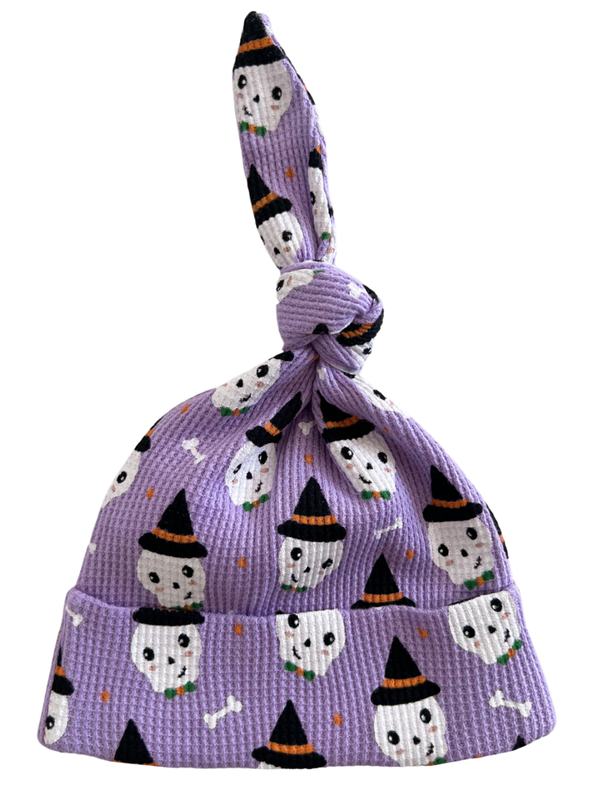 Purple hat with ghost and witch patterns, featuring a knot at the top and an adjustable brim for kids.