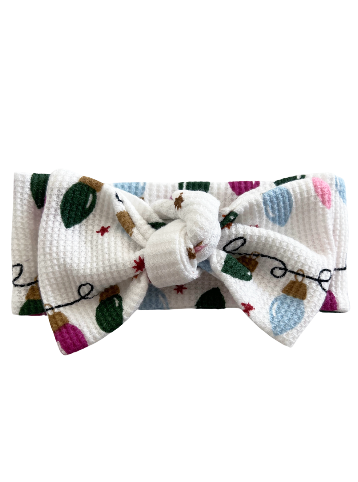 White headband with a large bow, decorated with colorful holiday light bulb patterns.