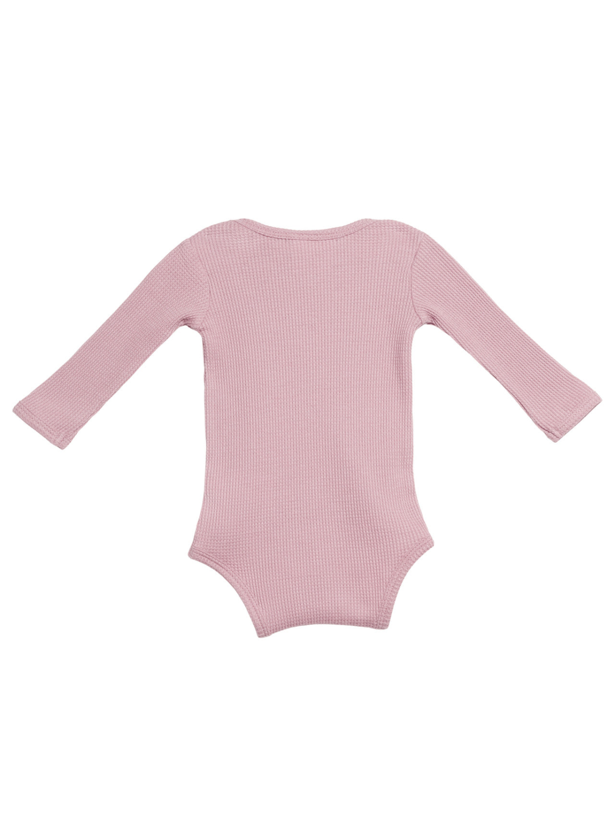Pink long-sleeve baby bodysuit viewed from the back, showcasing a soft ribbed texture.