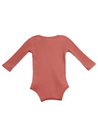 Back view of a long-sleeve, ribbed baby bodysuit in rose color.