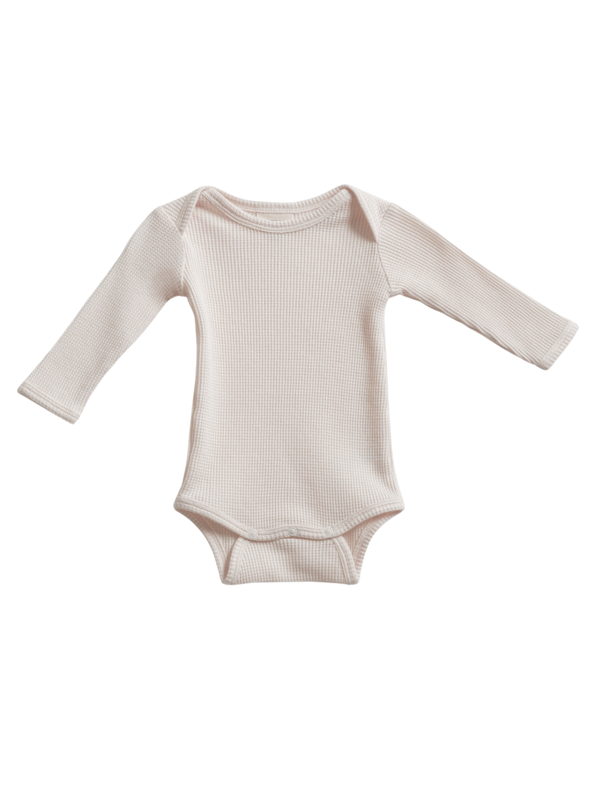 Light pink long-sleeve baby bodysuit with a textured fabric and snap closure at the bottom.