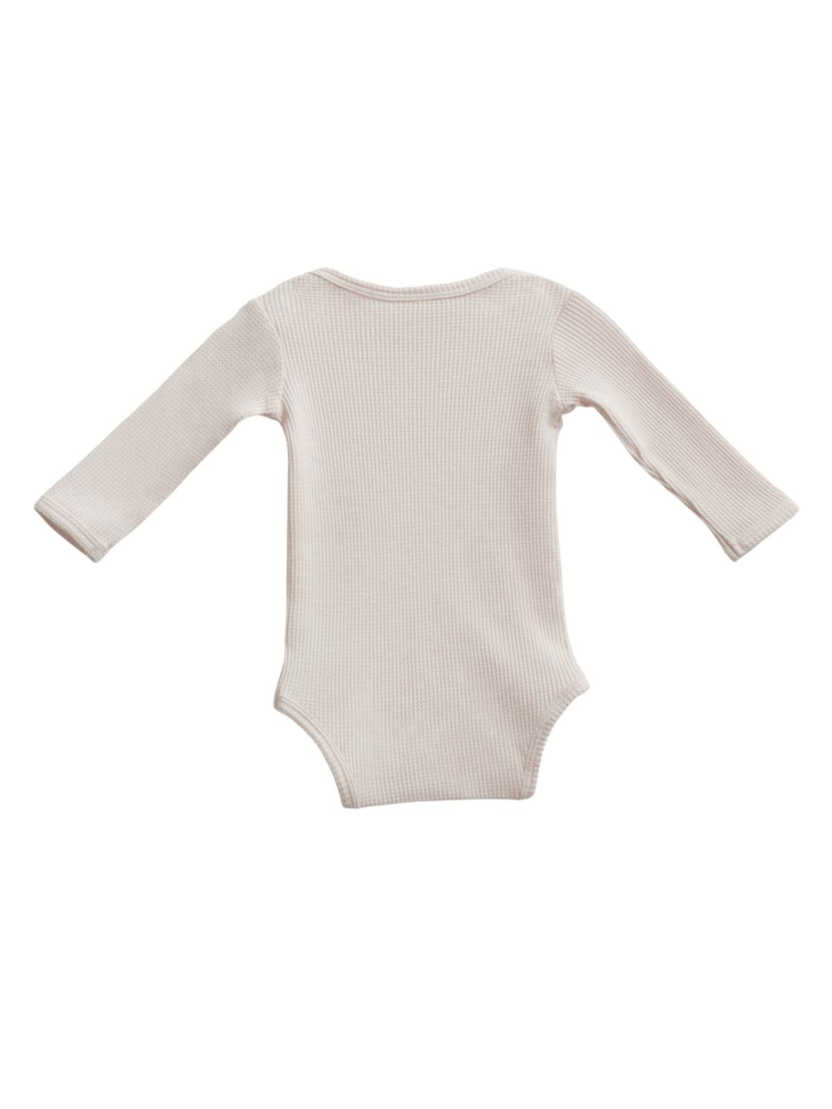 Light beige long-sleeve baby bodysuit, back view, featuring a ribbed texture.