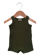 Olive green ribbed sleeveless onesie hanging on a wooden hanger.