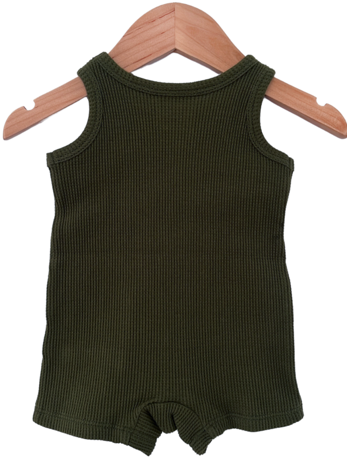 Olive green ribbed onesie hanging on a wooden hanger, showcasing the back view.